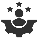expert 1 Icon depicting a person inside a gear with three stars above, symbolizing excellence or achievement.