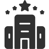 hotel Icon of a stylized building with a star on top and smaller stars surrounding it, representing a hotel or establishment with a high rating.