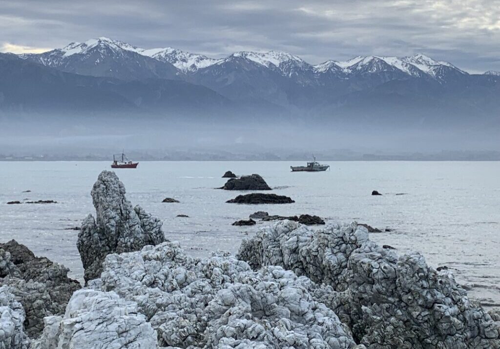 Two fishing boats on a calm sea with rocky outcrops in the foreground and snow-capped mountains in the background under a cloudy sky.